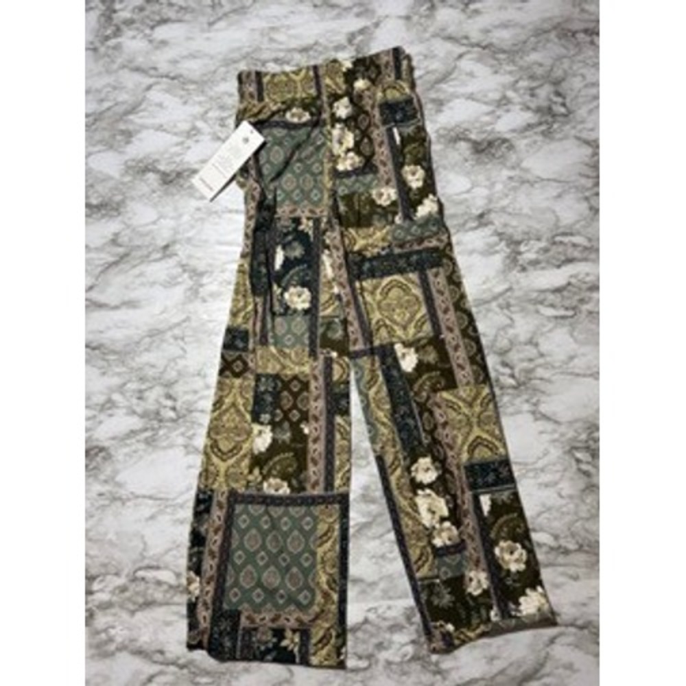 Love Poem Pants Women's Drawstring Waist Olive Green Patchwork Floral Wide Leg - Picture 5 of 7